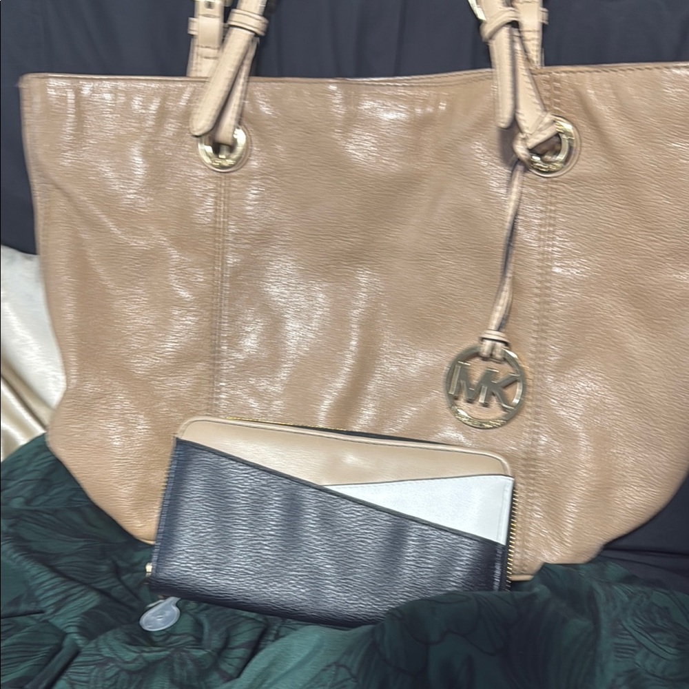 Michael Kors Tan and Black Leather Tote Bag